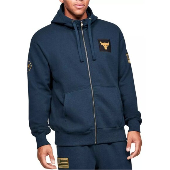 Under Armour Project Rock Veterans Day Zip Hoodie Drawstring Navy Gold Medium - Picture 1 of 10